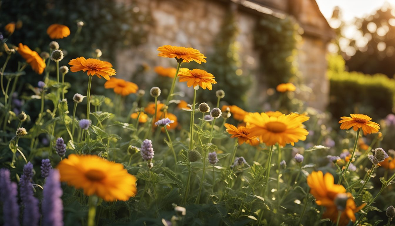 Calendula, lavender, and daisies in a cottage garden, bathed in golden evening light with fluttering butterflies and an old stone wall covered in ivy