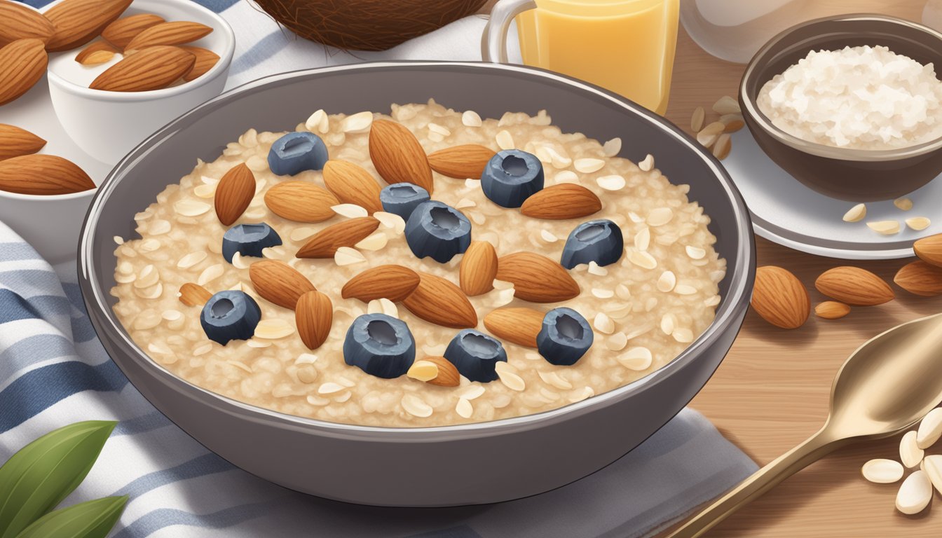 A bowl of coconut oatmeal topped with almonds, surrounded by ingredients and a recipe book titled "25 Quick Breakfasts You Can Make with Oats."