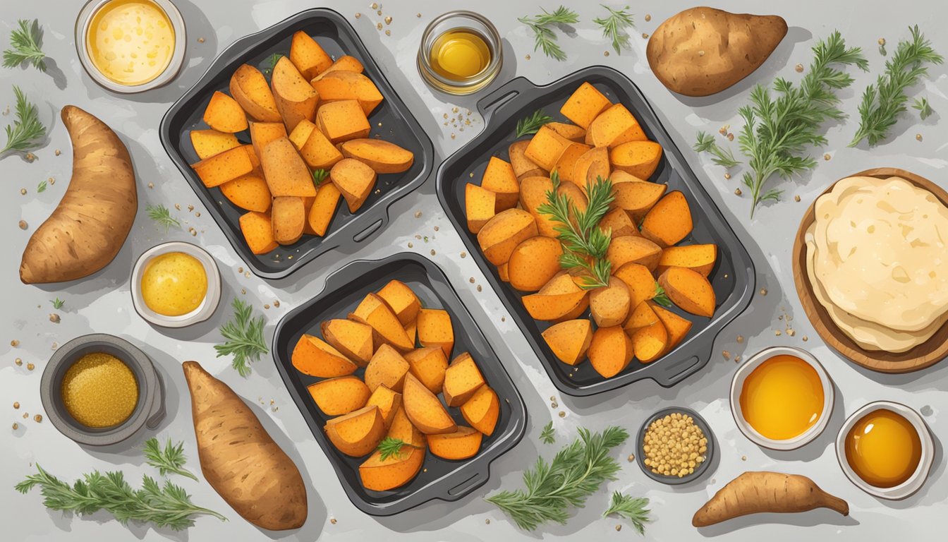 A baking sheet with golden sweet potatoes drizzled with honey and sprinkled with thyme, surrounded by various savory ingredients