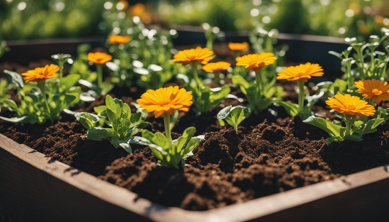 A garden bed cross-section with rich soil, calendula seeds, and plant markers. Morning sunlight and water droplets add a touch of magic