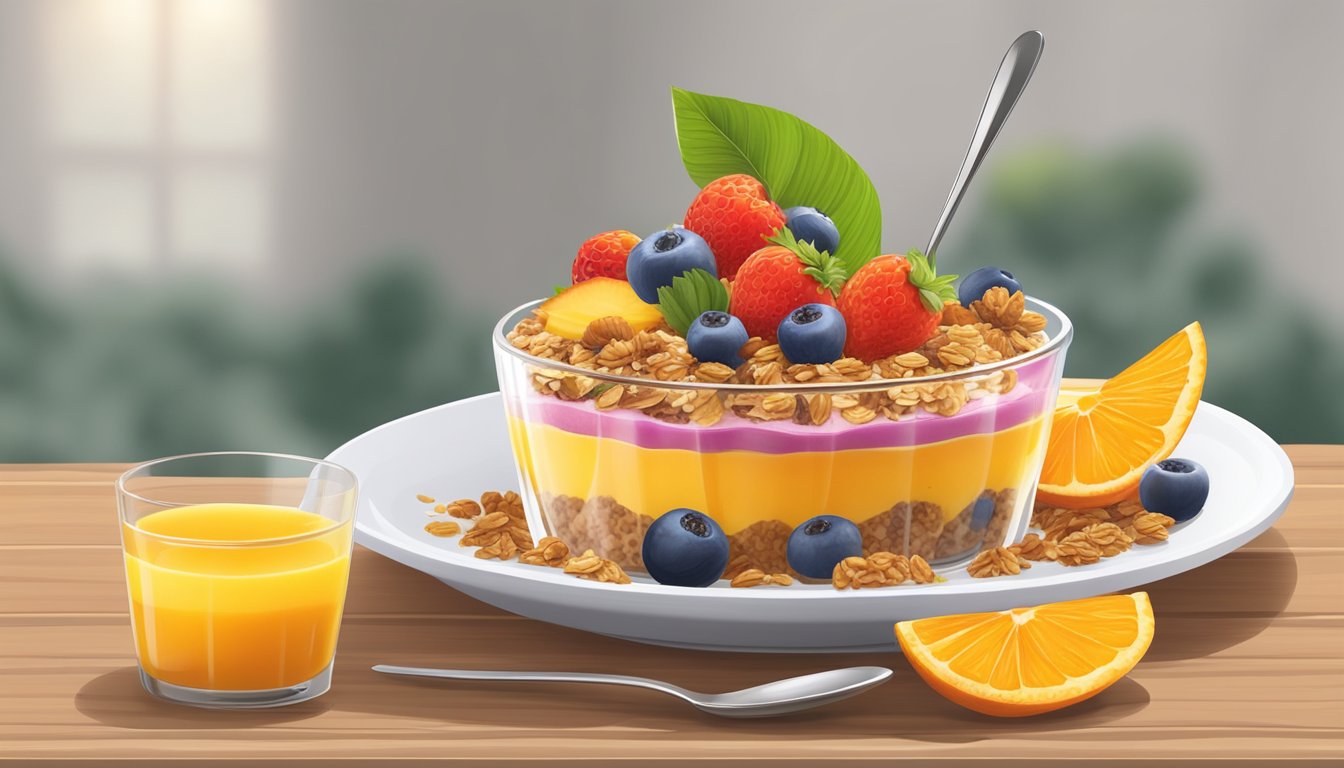 A colorful tropical oat parfait topped with fresh fruit and granola, placed on a wooden table with a spoon and a glass of orange juice