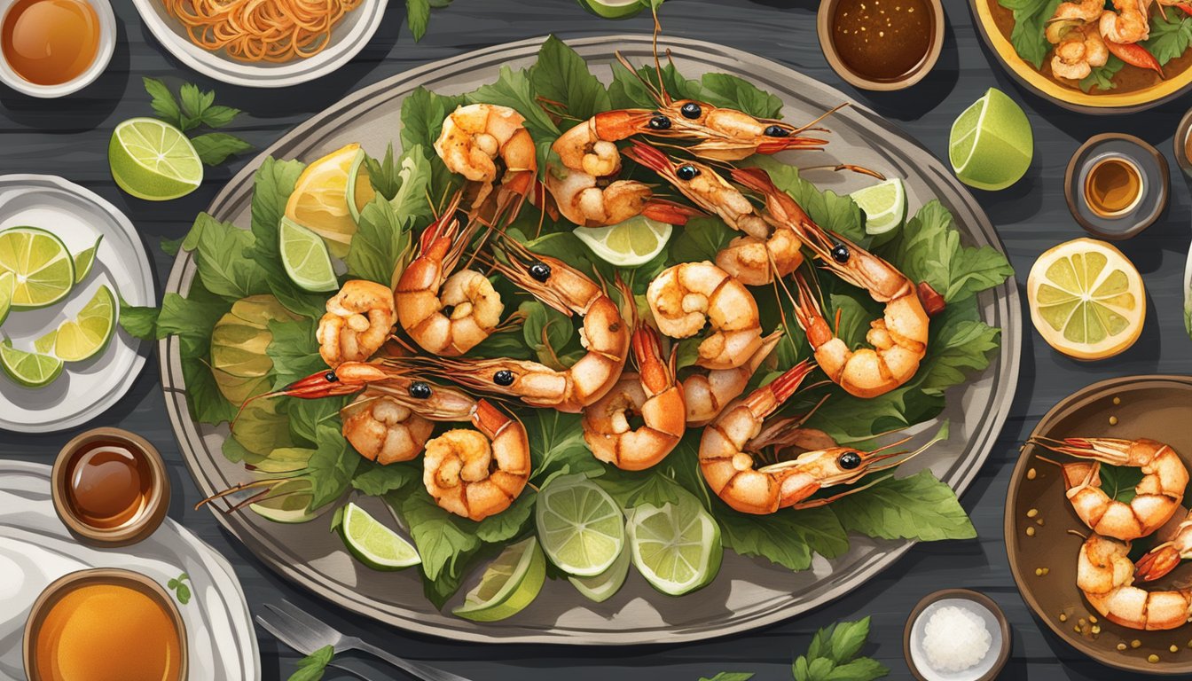 A platter of grilled shrimp drizzled with chili honey lime sauce, surrounded by various dishes showcasing the versatility of honey in savory applications