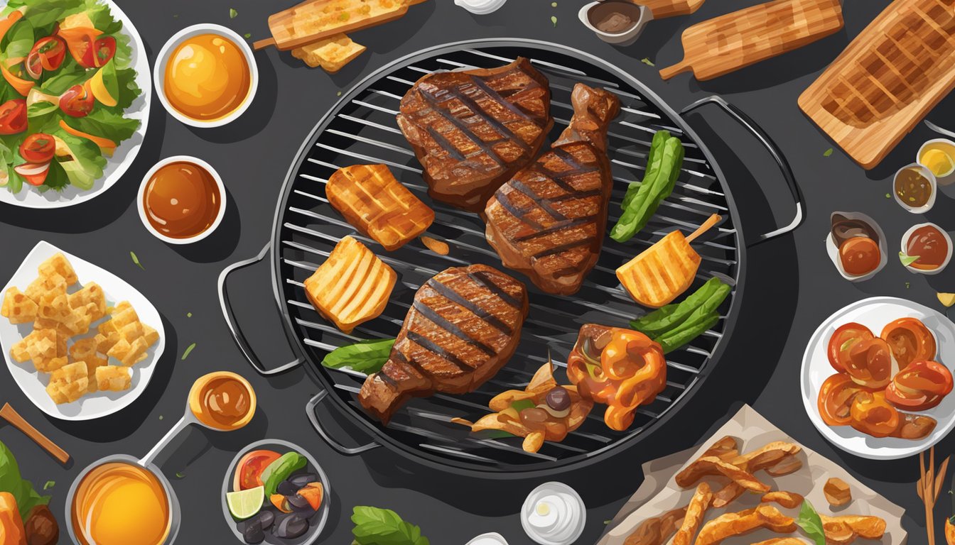 A sizzling grill with a variety of foods being basted with zesty honey BBQ sauce