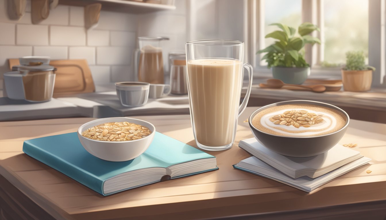 A cozy kitchen table with a steaming oat milk latte, a bowl of oats, and a stack of recipe books