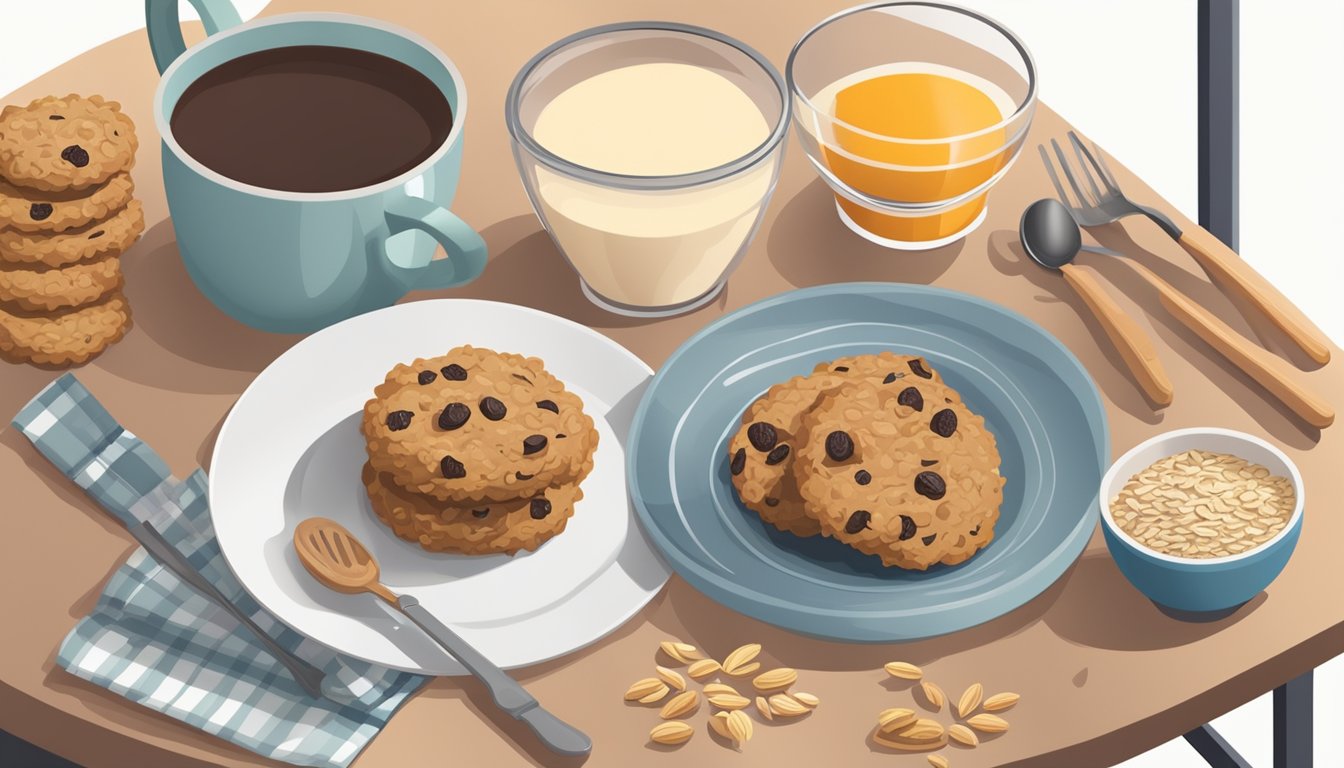 A kitchen counter with a plate of oatmeal raisin breakfast cookies, a bowl of oats, and various ingredients and utensils for baking