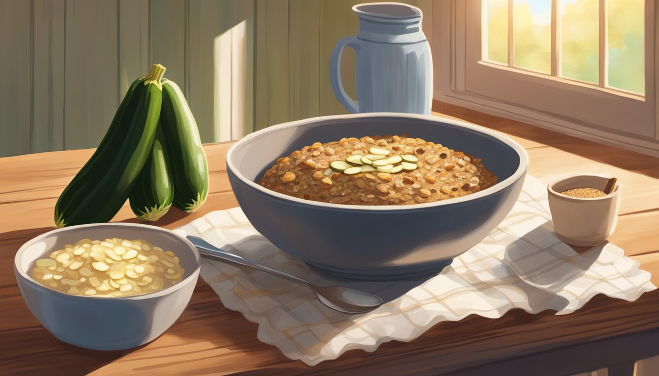 A bowl of zucchini bread oatmeal sits on a wooden table, surrounded by ingredients like oats, zucchini, and cinnamon. Sunlight streams in through a nearby window, casting a warm glow on the scene