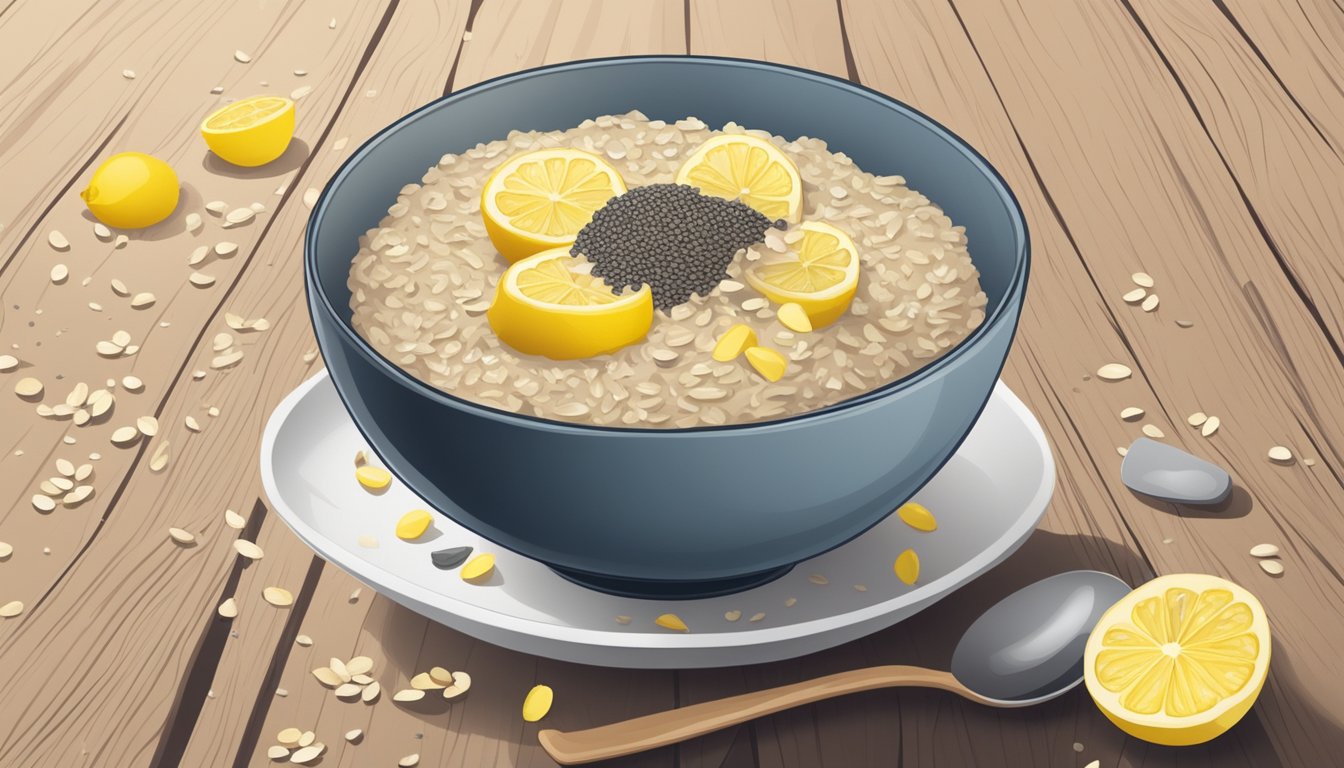 A bowl of lemon poppy seed oatmeal sits on a wooden table, surrounded by a scattering of oats and a few scattered poppy seeds