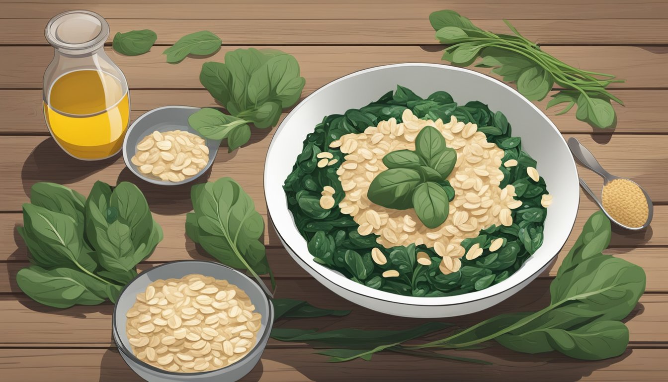 A bowl of oatmeal topped with sautéed spinach sits on a wooden table, surrounded by a scattered pile of oats and fresh spinach leaves