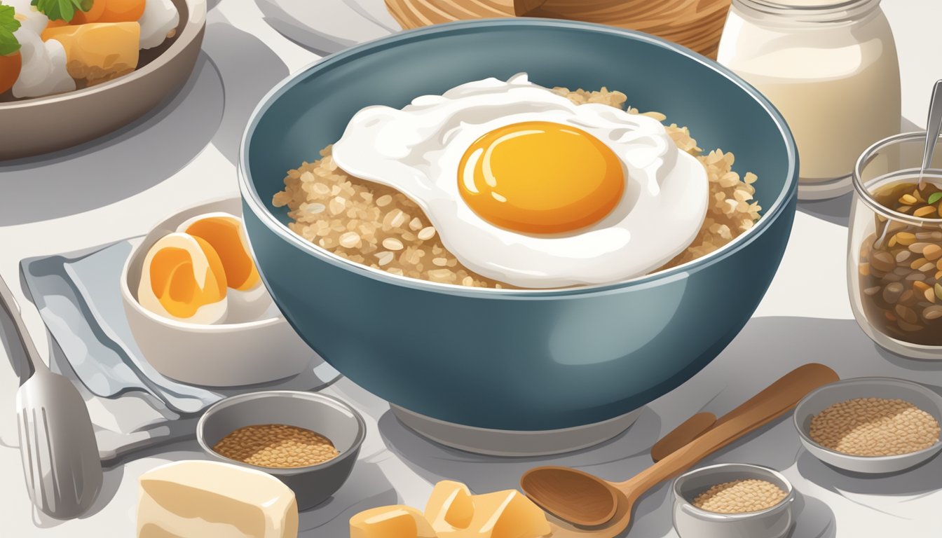 A bowl of oat porridge topped with a poached egg, surrounded by various ingredients and utensils on a kitchen counter