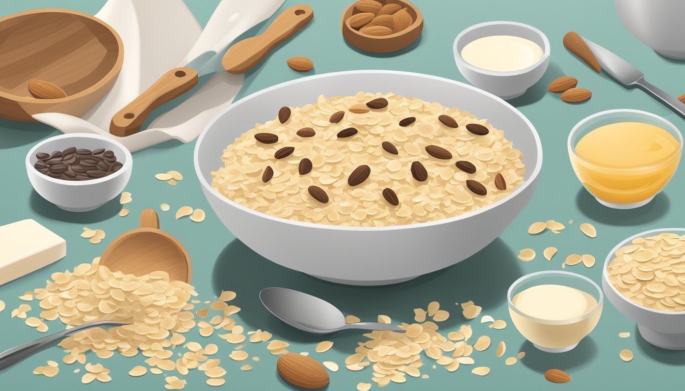 A bowl of vanilla almond confetti oats surrounded by ingredients and utensils on a kitchen counter