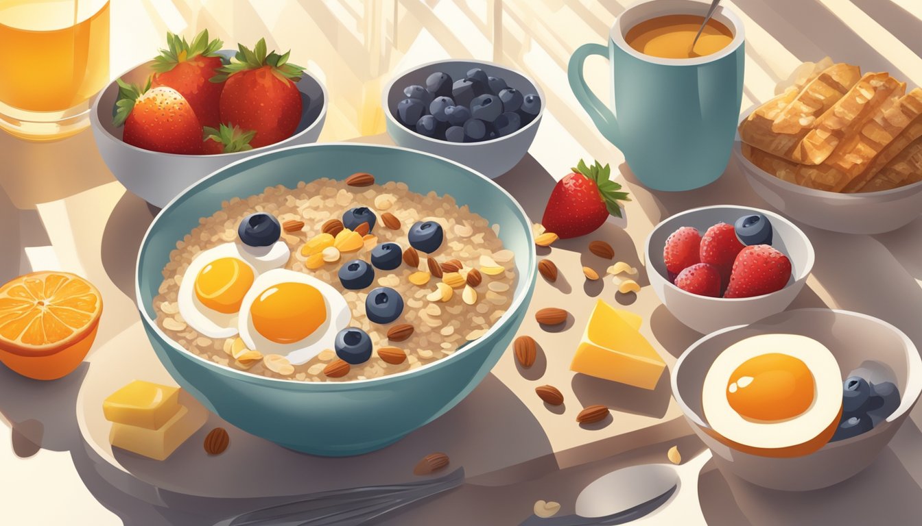 A bowl of oats surrounded by various breakfast items like fruits, nuts, and honey. Sunlight streams in through a window, casting a warm glow on the wholesome spread