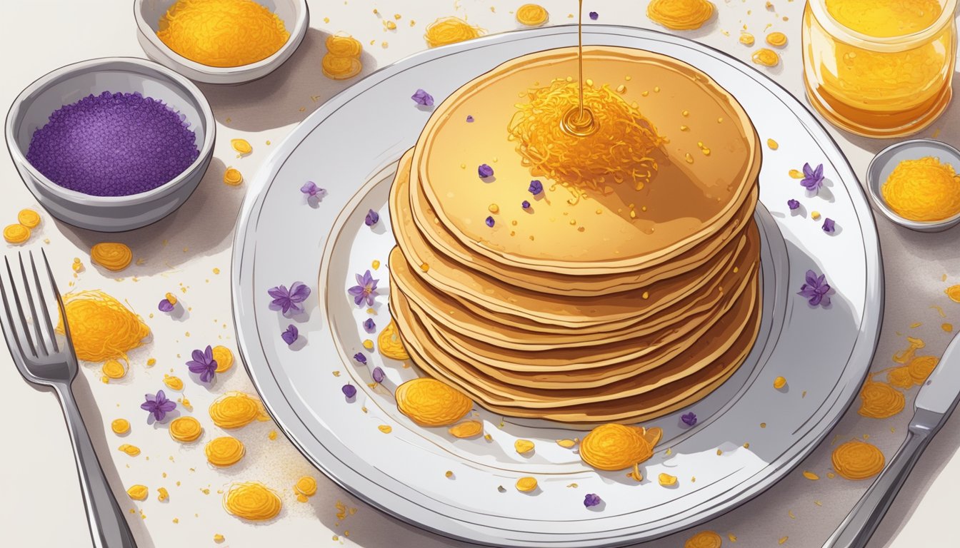 A stack of saffron-infused pancakes topped with syrup and a sprinkle of saffron threads on a white plate, surrounded by a few whole saffron threads scattered around the plate