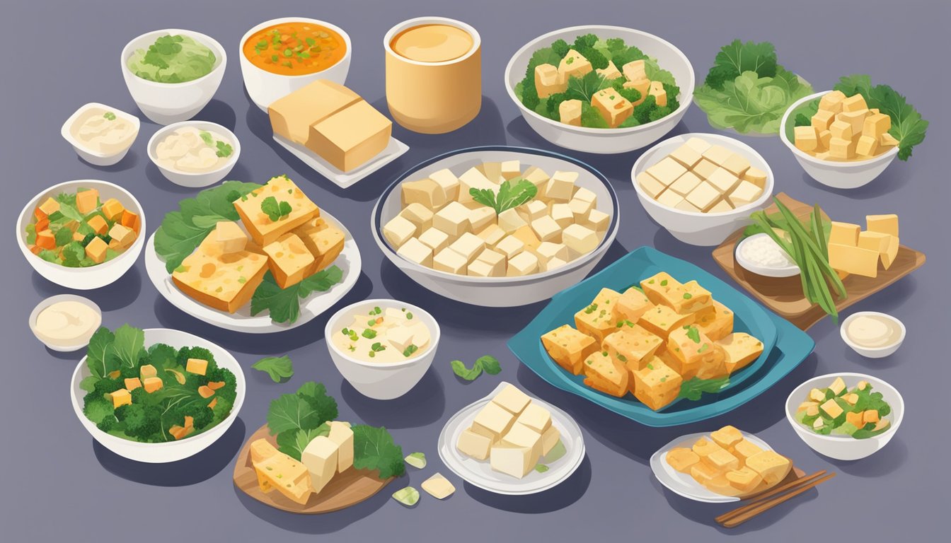 A colorful array of tofu-based dishes arranged on a table, showcasing the versatility and nutritional benefits of tofu