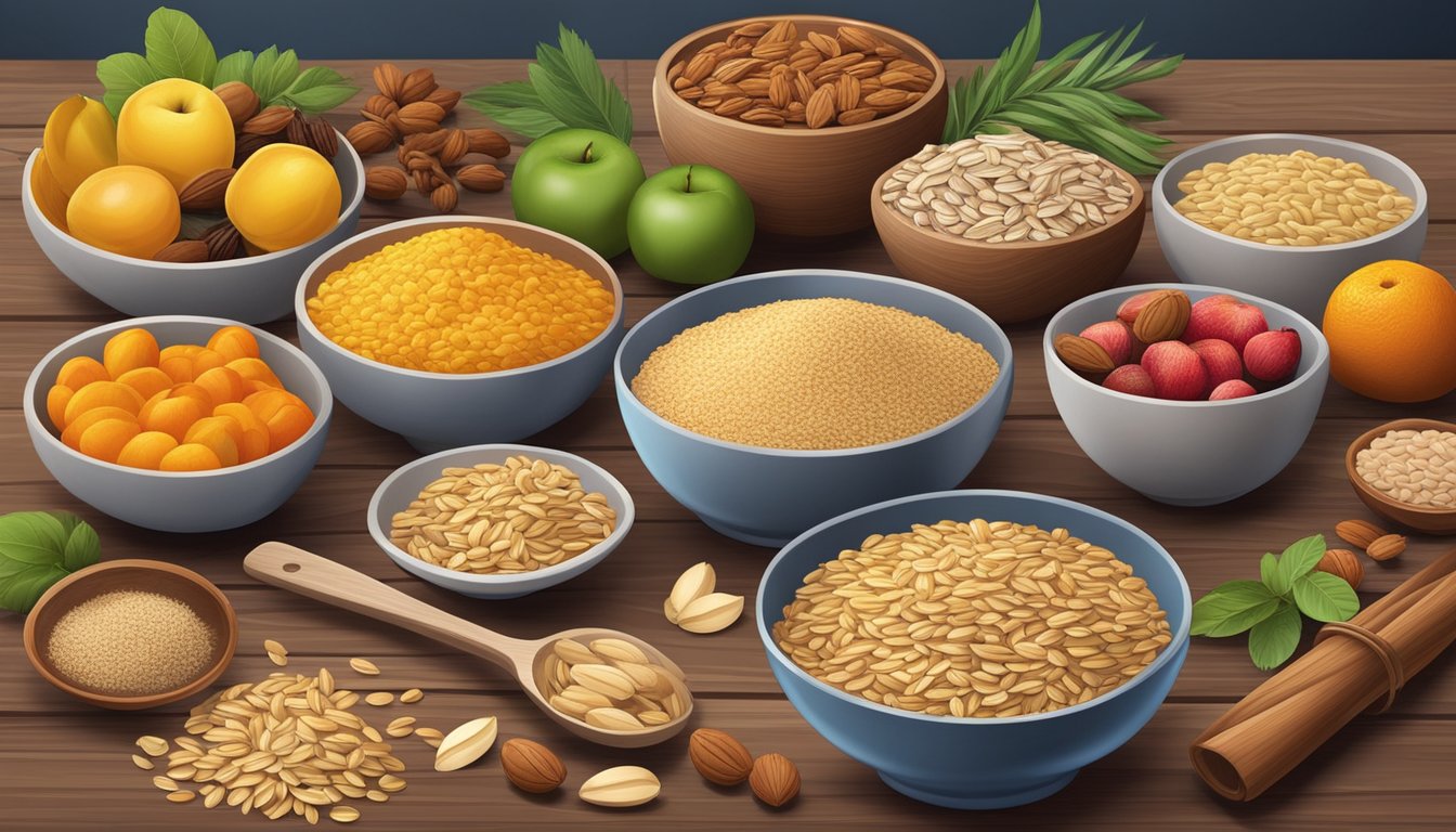 A colorful array of oats, fruits, nuts, and spices arranged on a wooden table, with various kitchen utensils and bowls scattered around