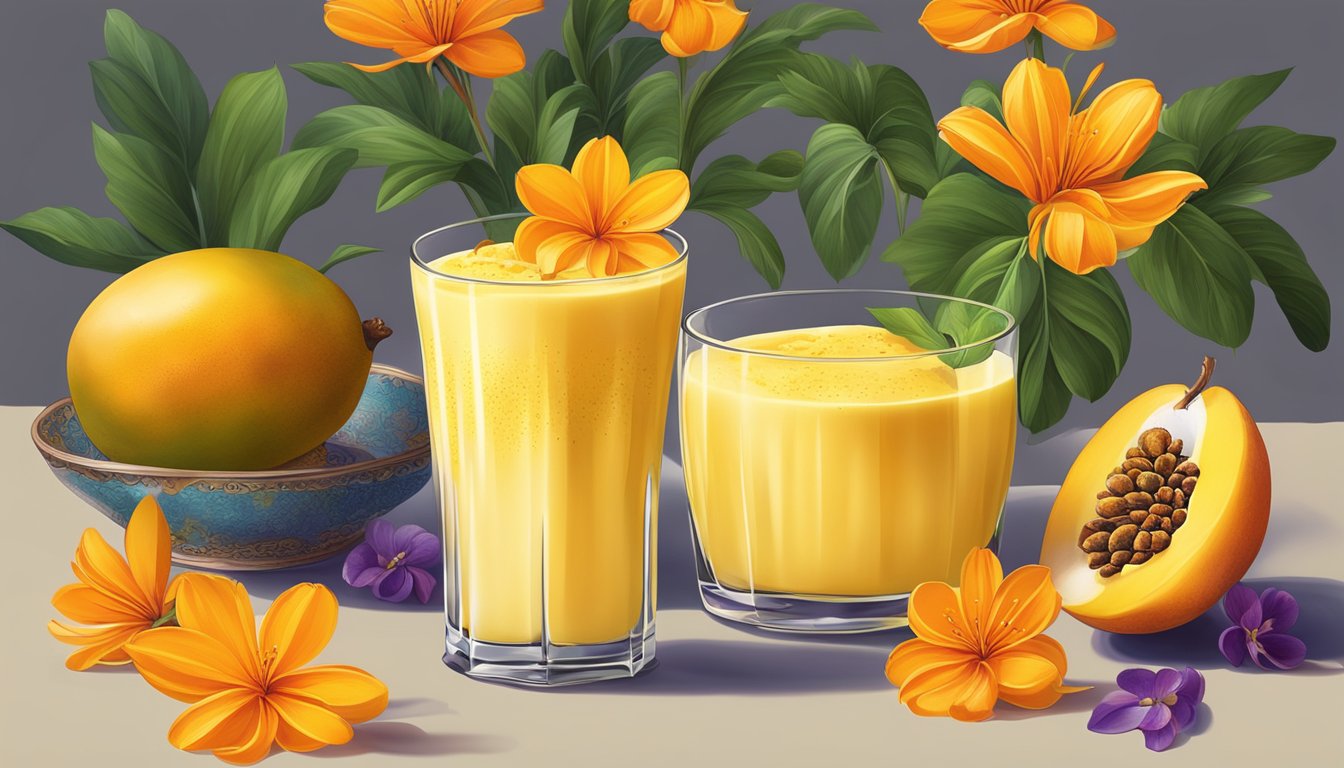 A glass of saffron mango lassi surrounded by vibrant saffron flowers and ripe mangoes