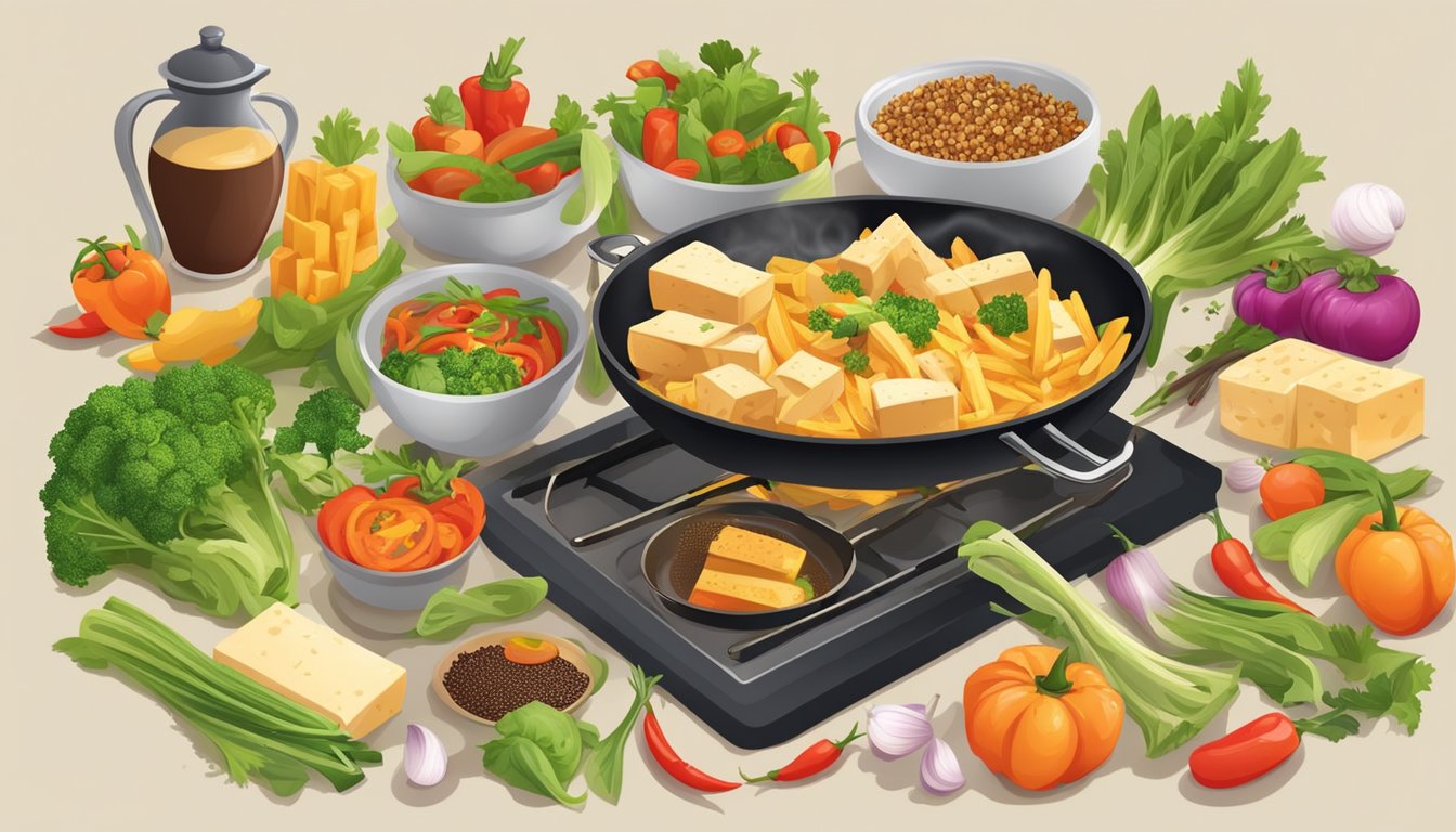 A chef slices, fries, and seasons tofu in a sizzling pan, surrounded by vibrant vegetables and aromatic spices