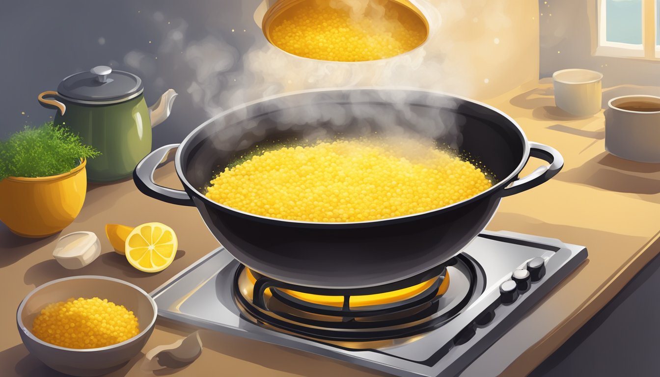 A steaming pot of saffron-lemon risotto simmers on a stovetop, with vibrant yellow grains and fragrant steam rising