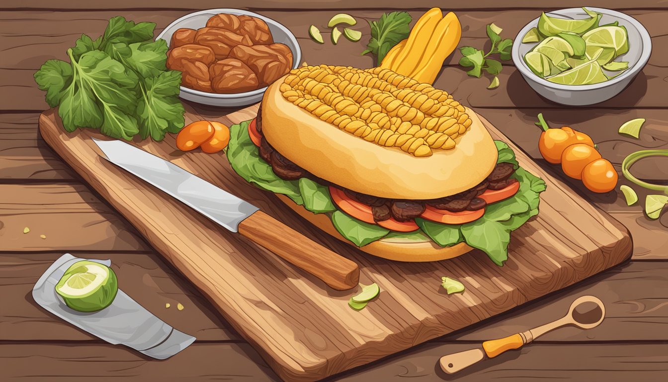 A sizzling BBQ jackfruit sandwich being assembled with various colorful ingredients on a rustic wooden cutting board