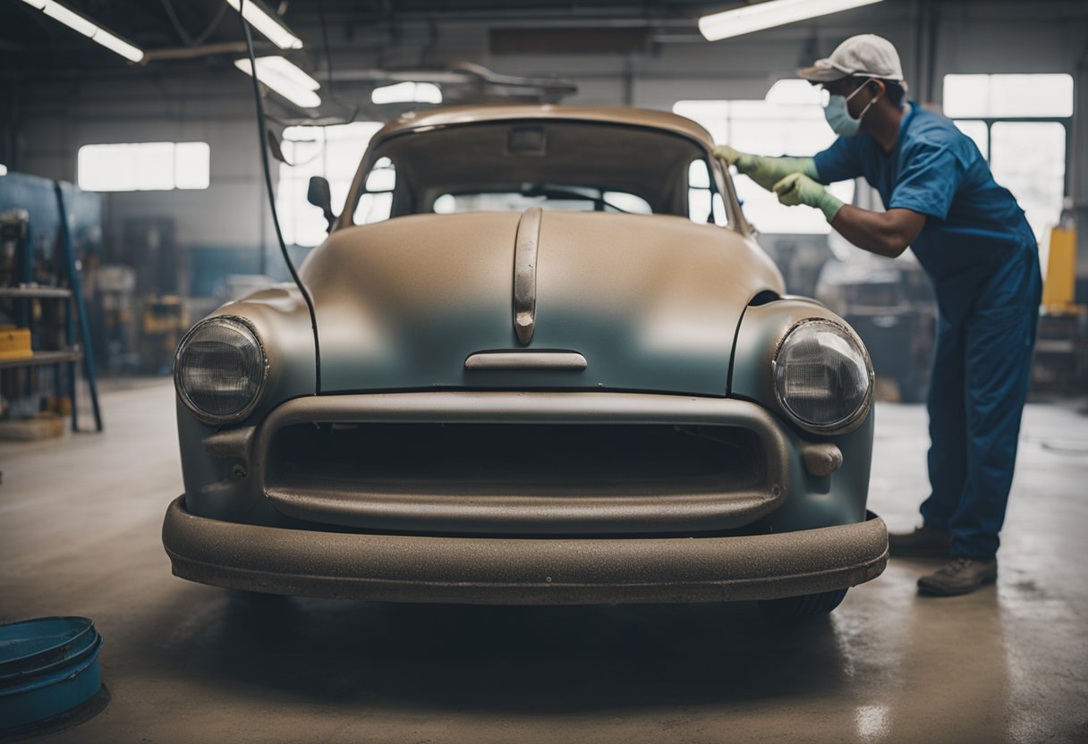 A car being sandblasted and repainted at a Miami auto body shop for rust repair