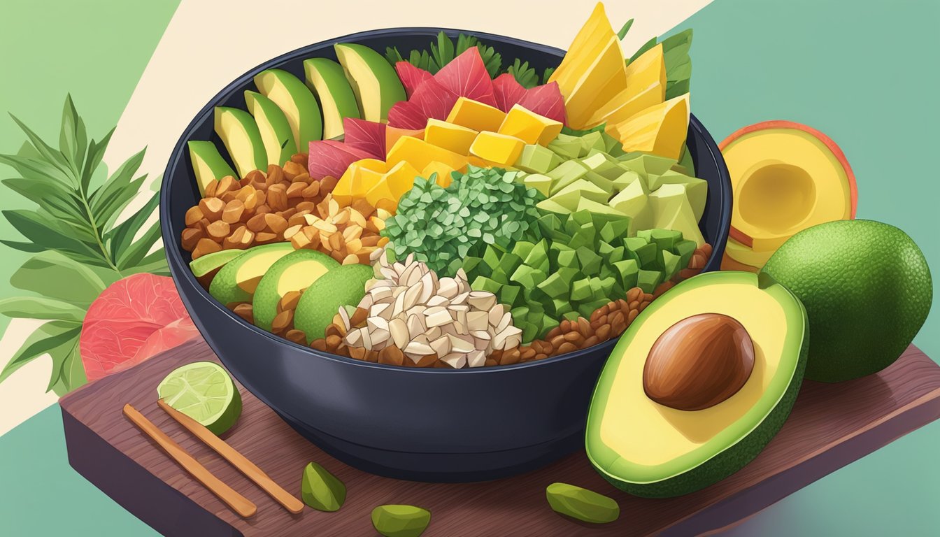 A vibrant poke bowl filled with ripe jackfruit and avocado, surrounded by colorful ingredients and garnishes