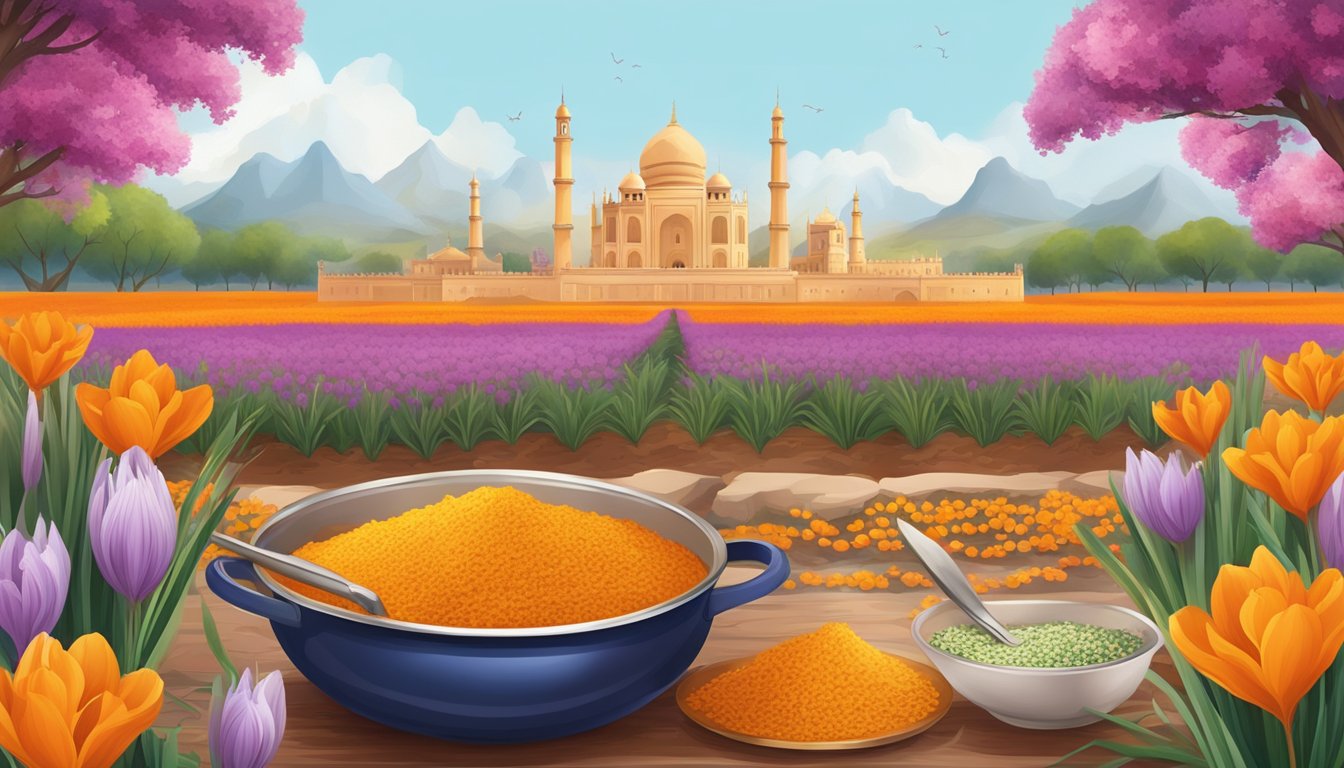 A vibrant saffron flower field with a backdrop of historical landmarks, surrounded by a collection of unique ingredients and cooking utensils