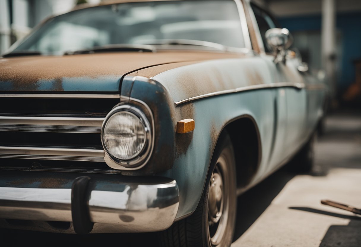 A car with visible rust spots on its body, parked in a Miami garage with tools and materials for rust repair scattered around