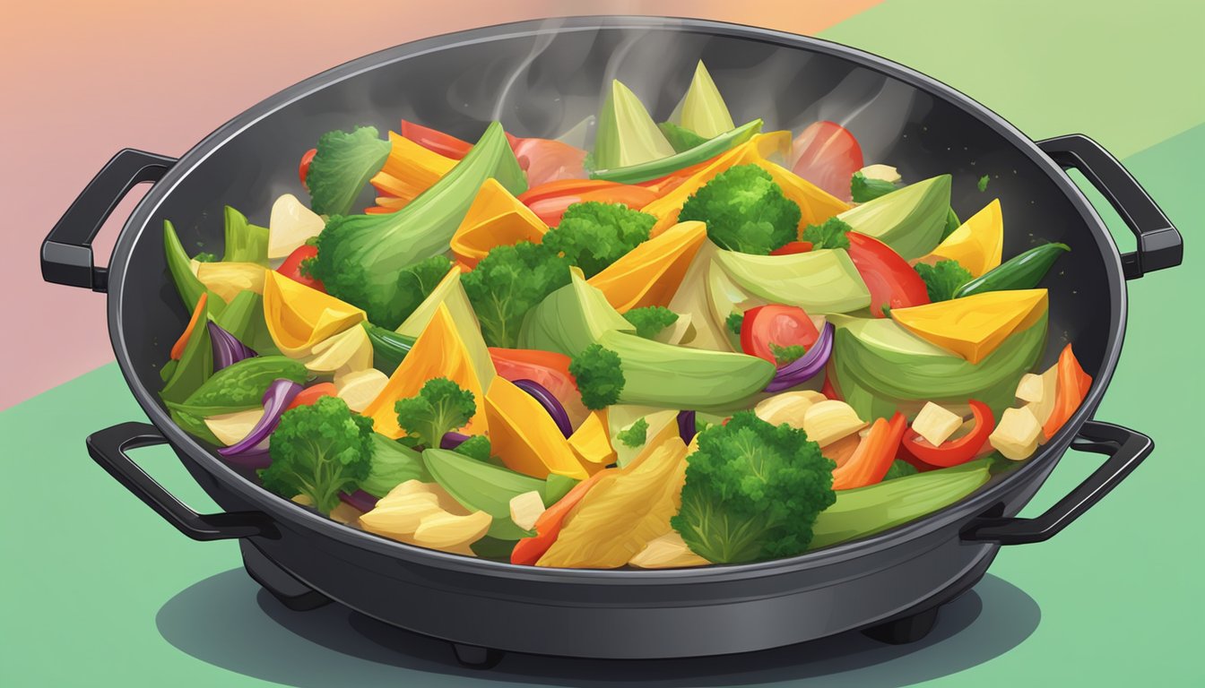 A colorful array of chopped vegetables and jackfruit sizzling in a wok, emitting a tantalizing aroma