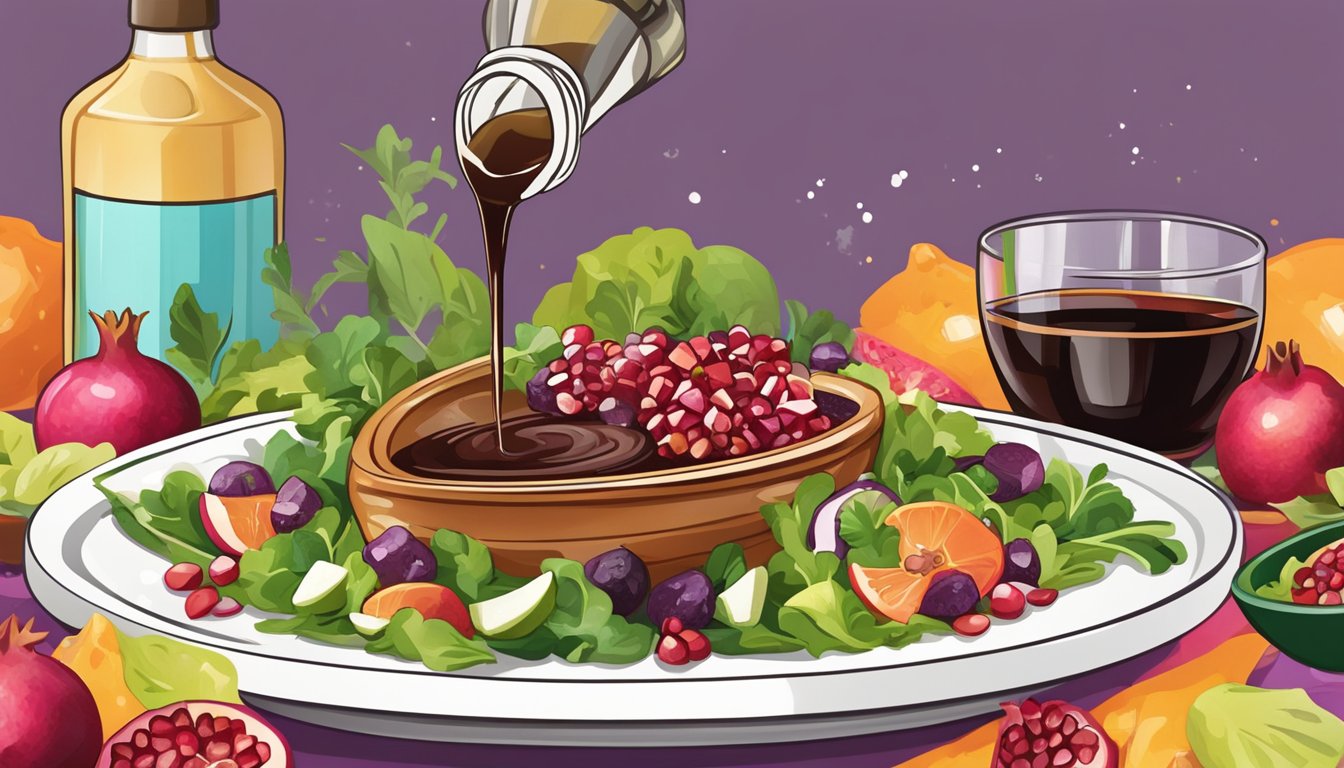 A vibrant pomegranate balsamic dressing being drizzled over a colorful salad, with a bottle of balsamic vinegar and various ingredients in the background