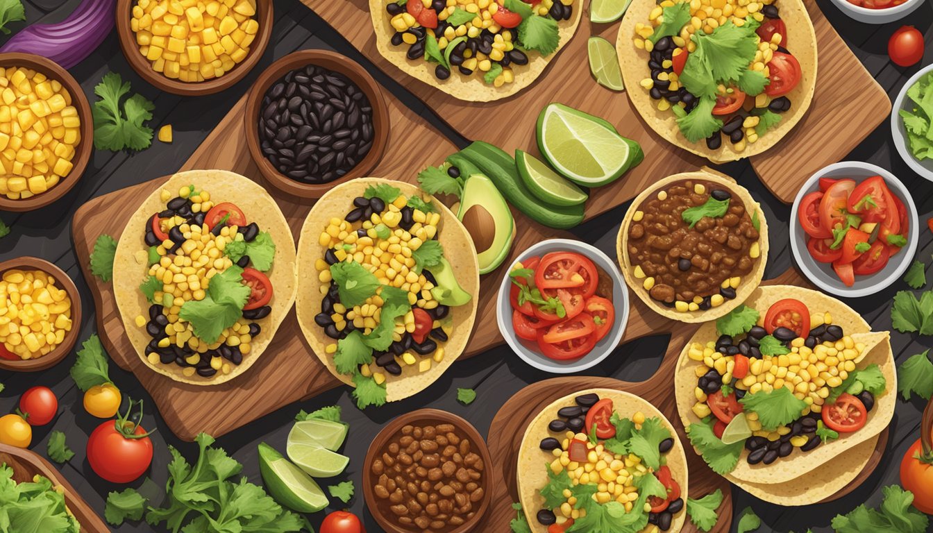 A colorful array of corn and black bean tacos arranged on a wooden serving platter, surrounded by vibrant ingredients such as diced tomatoes, shredded lettuce, and sliced avocado