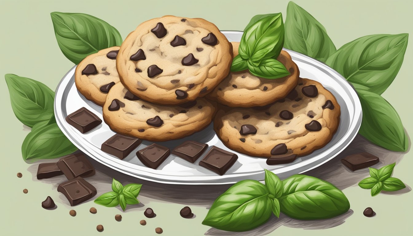 A plate of basil chocolate chip cookies surrounded by fresh basil leaves and other unique desserts made with basil