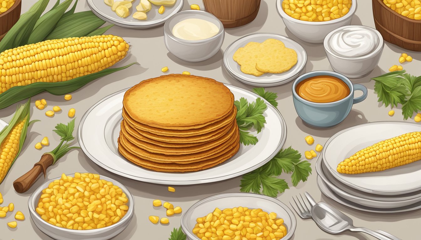 A table set with a plate of savory corn cakes, surrounded by fresh ears of sweet corn and various ingredients