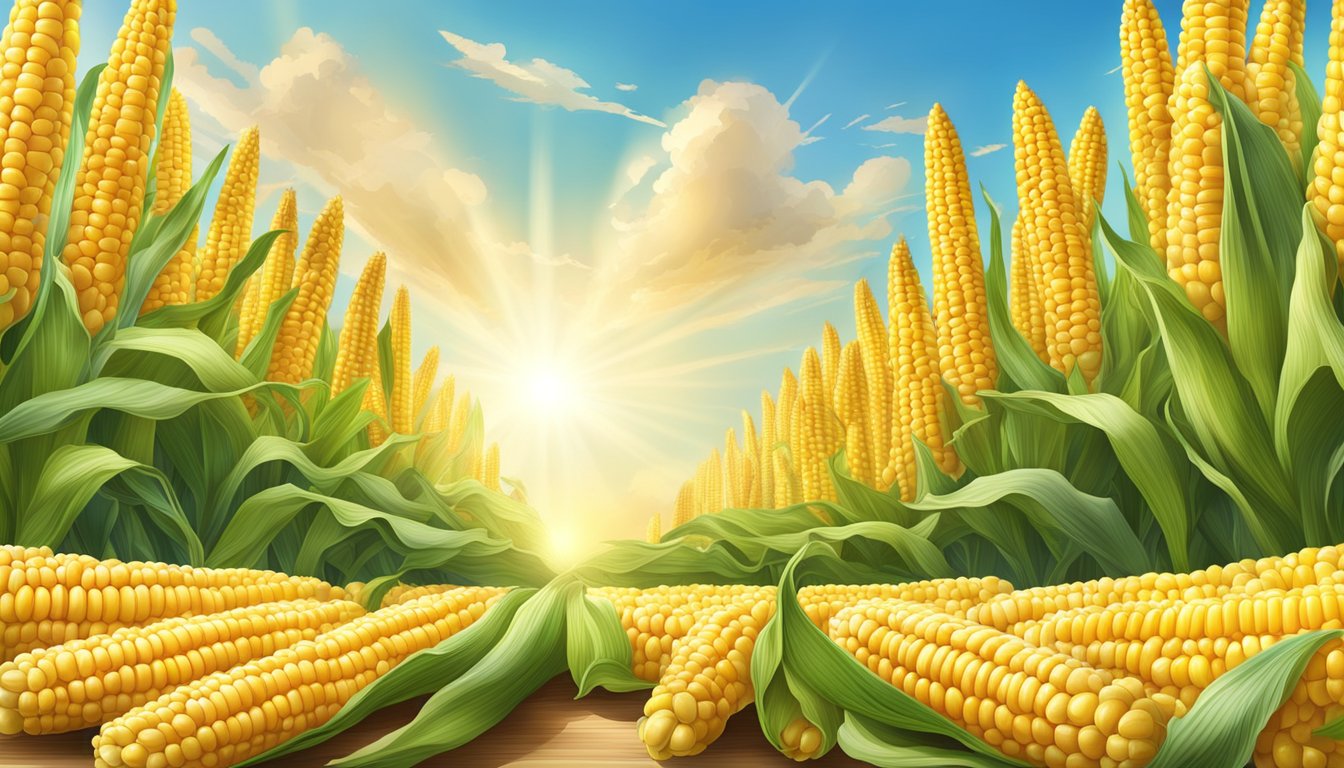 A vibrant field of sweet corn, with golden ears bursting with kernels under a bright blue sky. Nearby, a table set with a variety of delicious sweet corn-based dishes