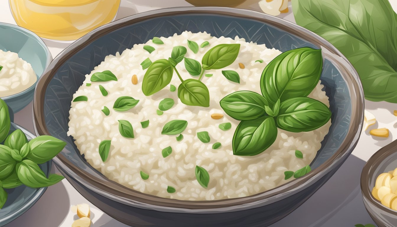 A bowl of basil coconut rice pudding surrounded by fresh basil leaves, with other unique desserts made with basil displayed in the background