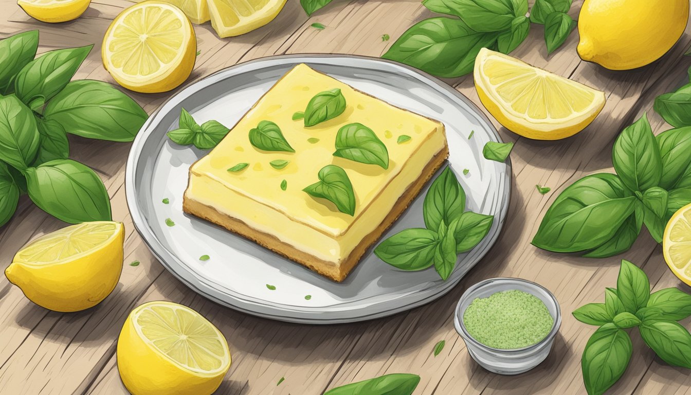 A wooden table with a platter of basil lemon bars surrounded by fresh basil leaves and a few lemons