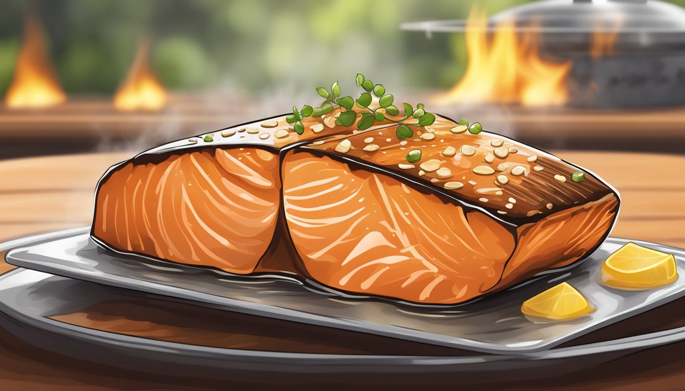 A sizzling salmon fillet coated in honey-garlic glaze on a hot grill. Steam rises as the fish cooks, emitting a mouthwatering aroma