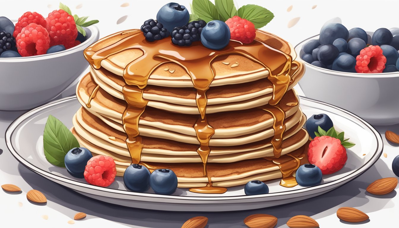 A stack of paleo pancakes topped with fresh berries and drizzled with maple syrup, surrounded by a scattering of almond flour