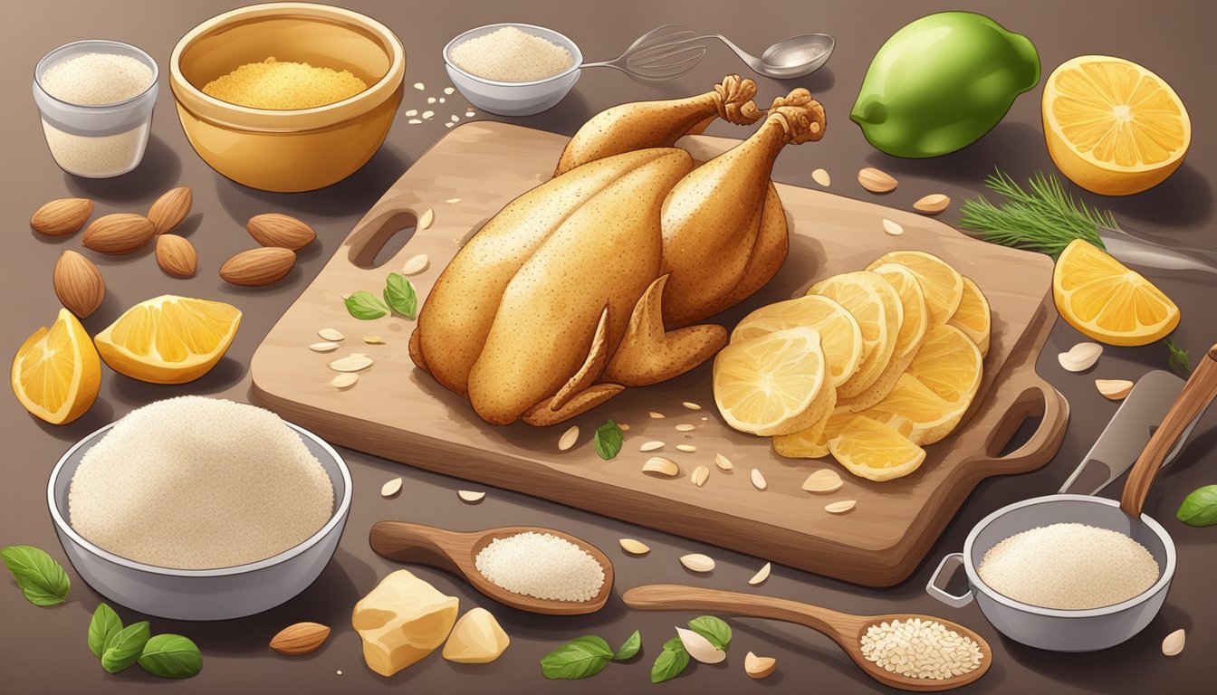 A golden-brown chicken breast coated in almond flour, surrounded by various ingredients and utensils for cooking