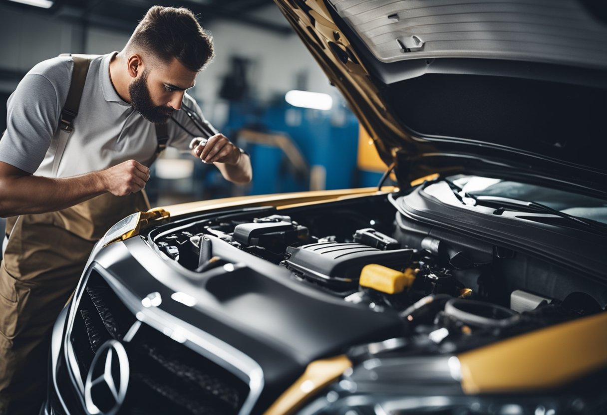 A mechanic inspects a scratched Mercedes, surrounded by repair tools and cost estimates