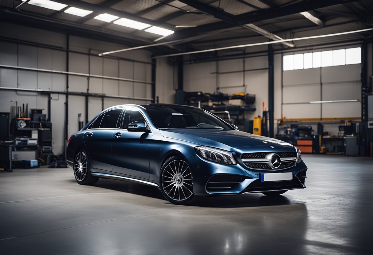 A Mercedes with visible scratches on the side panel, parked in a well-lit garage with tools and repair materials nearby