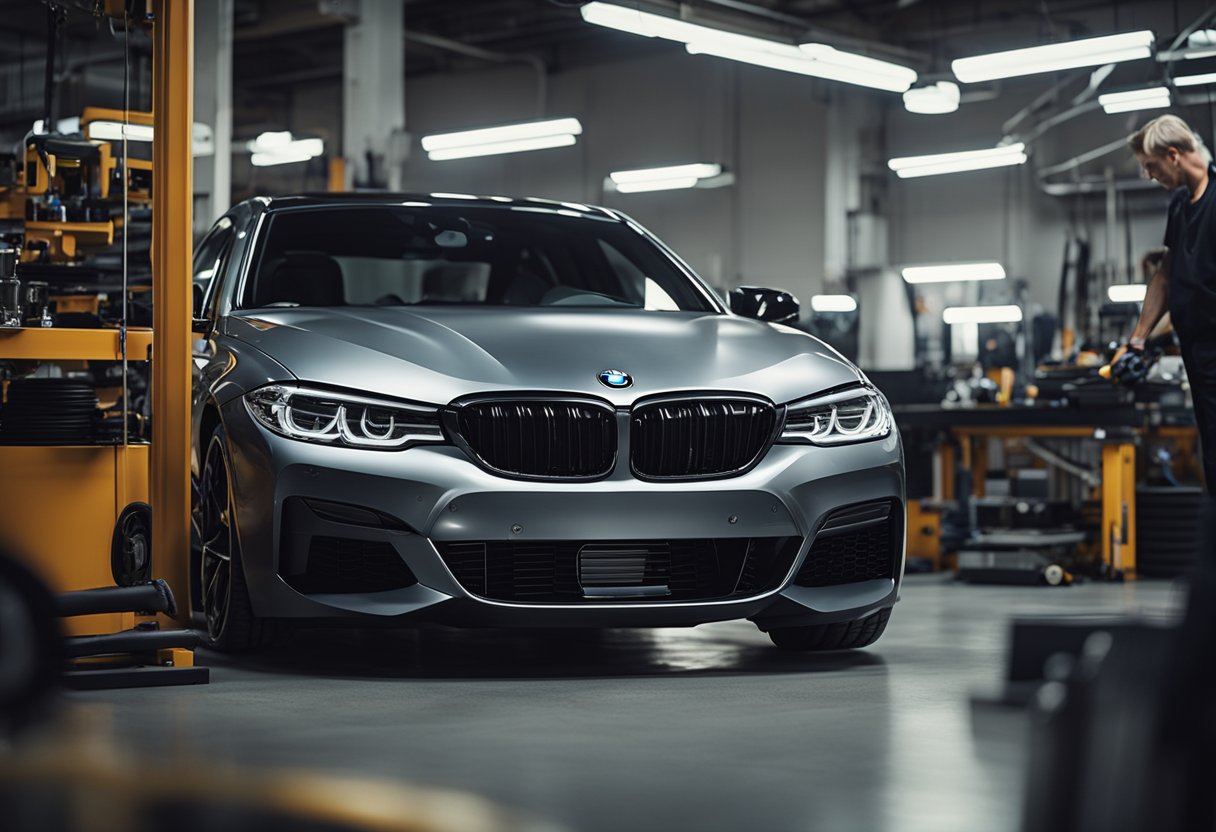 A BMW auto body shop, surrounded by tools and mechanics working on its sleek exterior