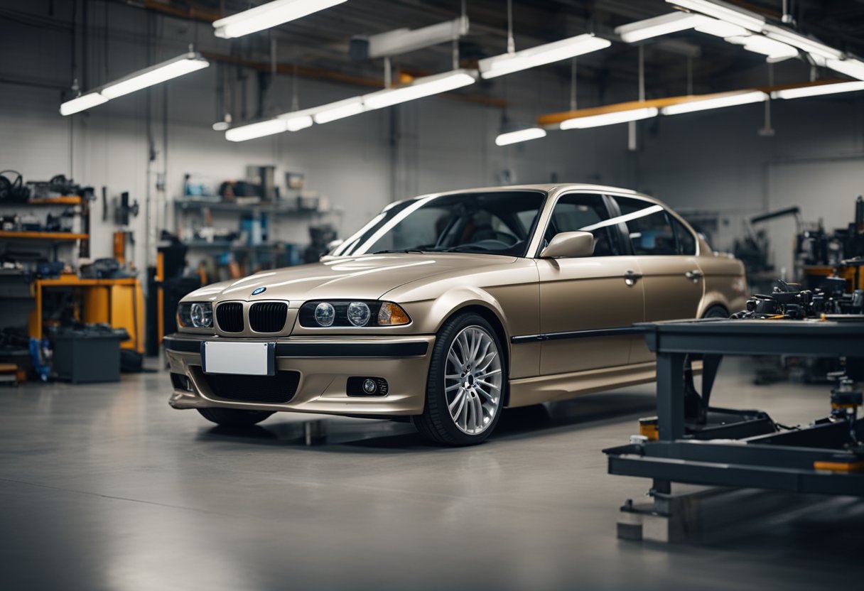 A BMW auto body shop, surrounded by tools and equipment. Mechanics work on repairing the collision damage, carefully restoring the vehicle to its original condition