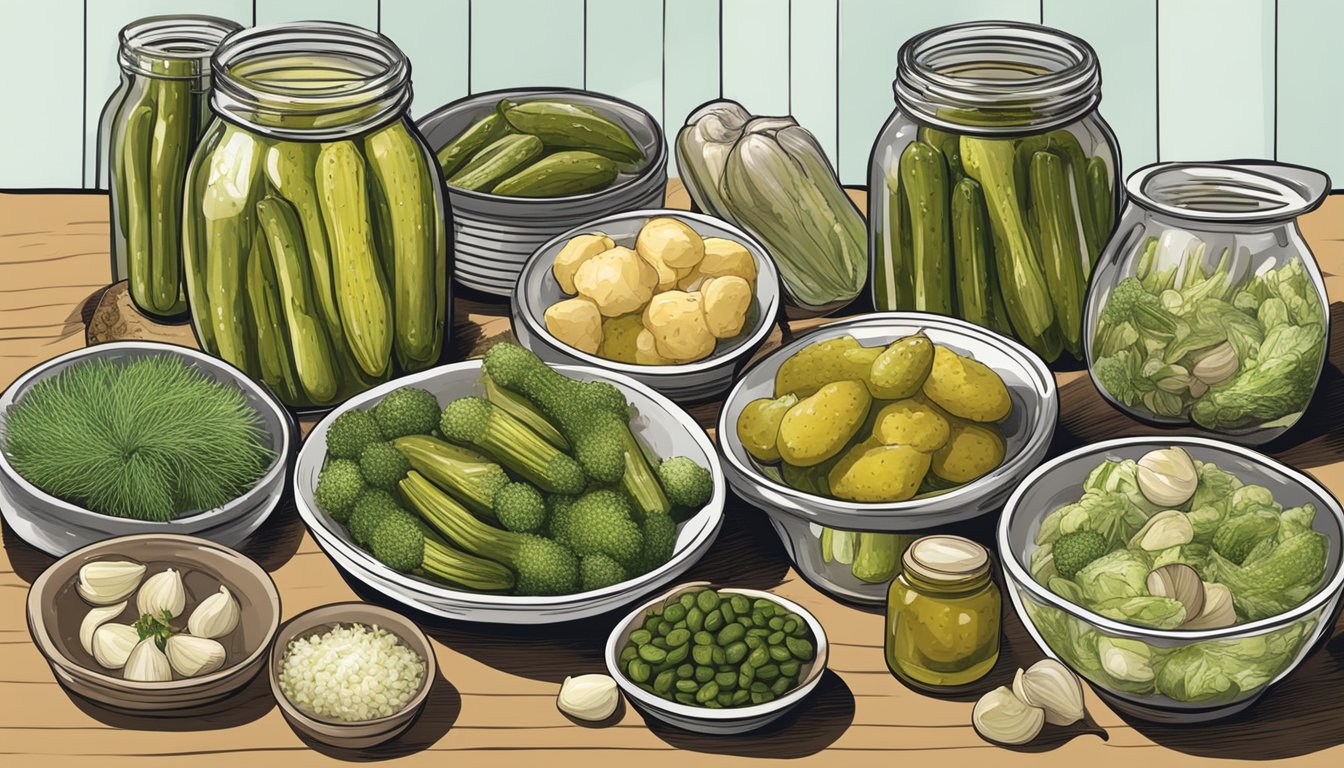 A jar of garlic dill pickles surrounded by various flavorful dishes showcasing the use of garlic