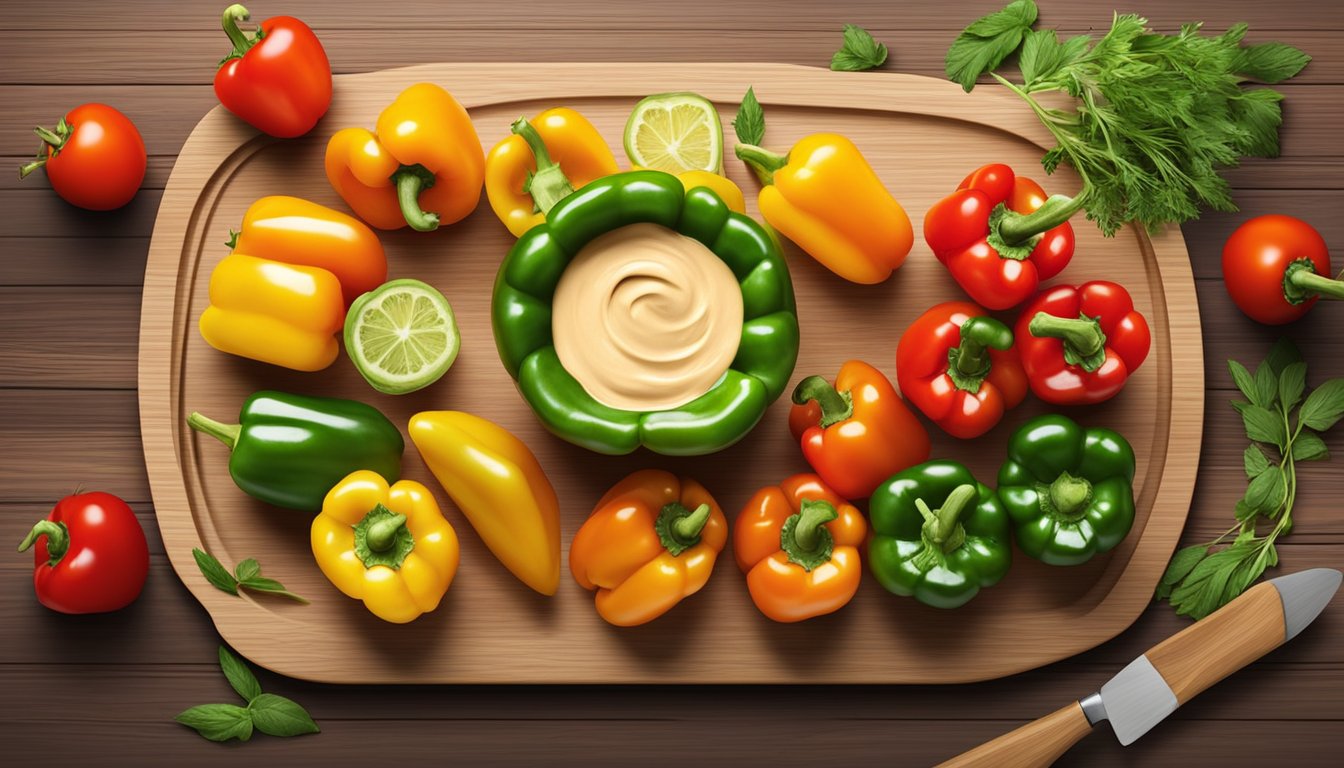 A plate of colorful bell peppers, each sliced in half and filled with creamy hummus, arranged on a wooden cutting board surrounded by fresh herbs and cherry tomatoes