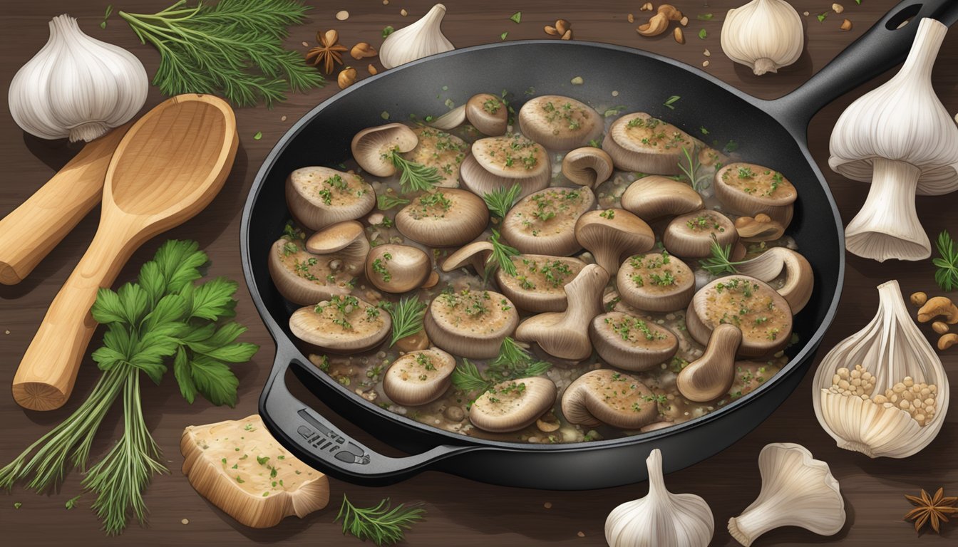 A sizzling skillet of garlic butter mushrooms, surrounded by a variety of aromatic herbs and spices