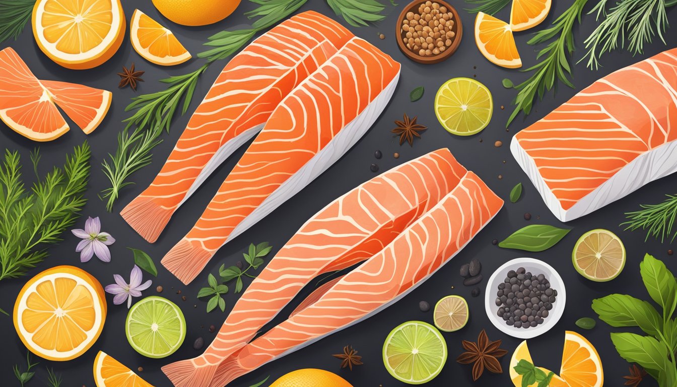 A variety of fresh salmon fillets displayed on a wooden cutting board surrounded by vibrant herbs, spices, and citrus fruits