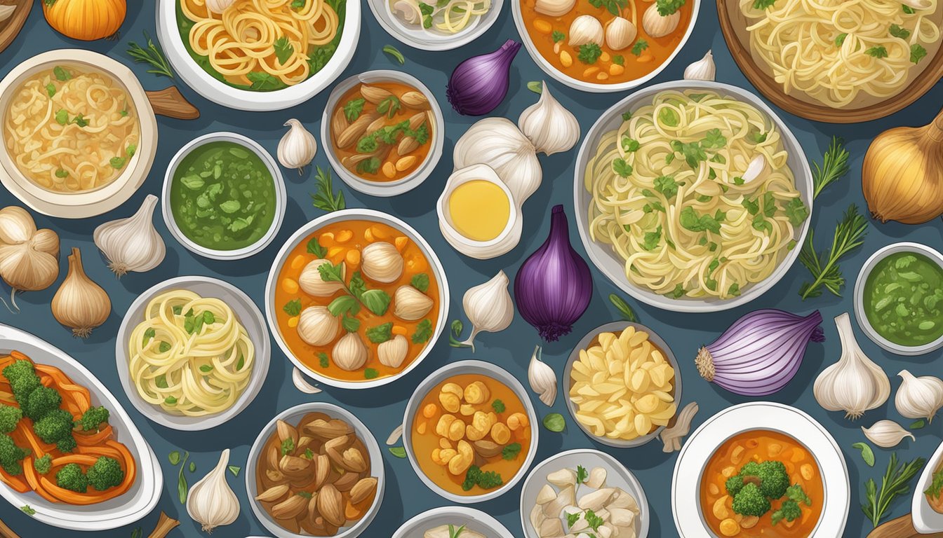 A colorful array of 20 dishes featuring garlic, including soups, pastas, and roasted vegetables, surrounded by fresh garlic bulbs and cloves