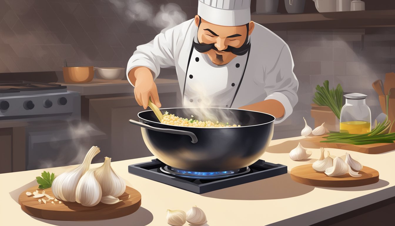 A chef minces garlic with a knife, releasing its aromatic scent into the air as it sizzles in a hot pan