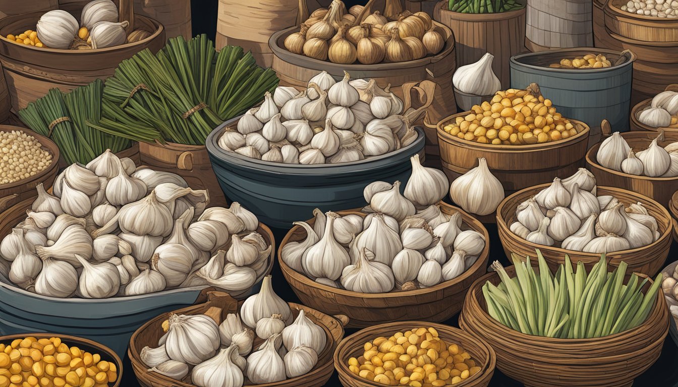 A vibrant market stall overflowing with garlic bulbs, surrounded by various dishes from around the world, each highlighting the cultural significance of garlic in their cuisine