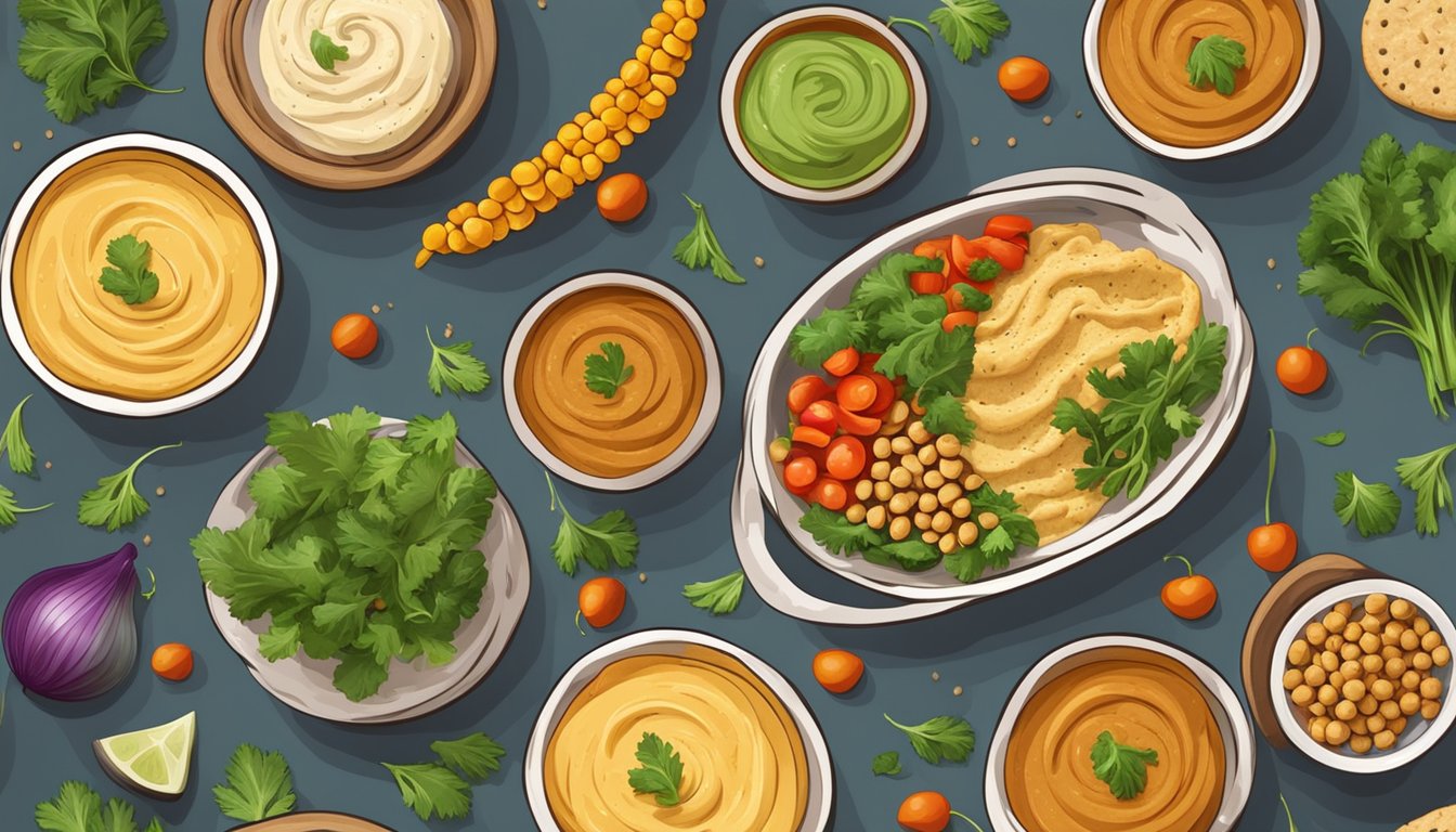 A wooden table with three colorful bowls filled with roasted chickpea hummus, surrounded by fresh vegetables and pita bread