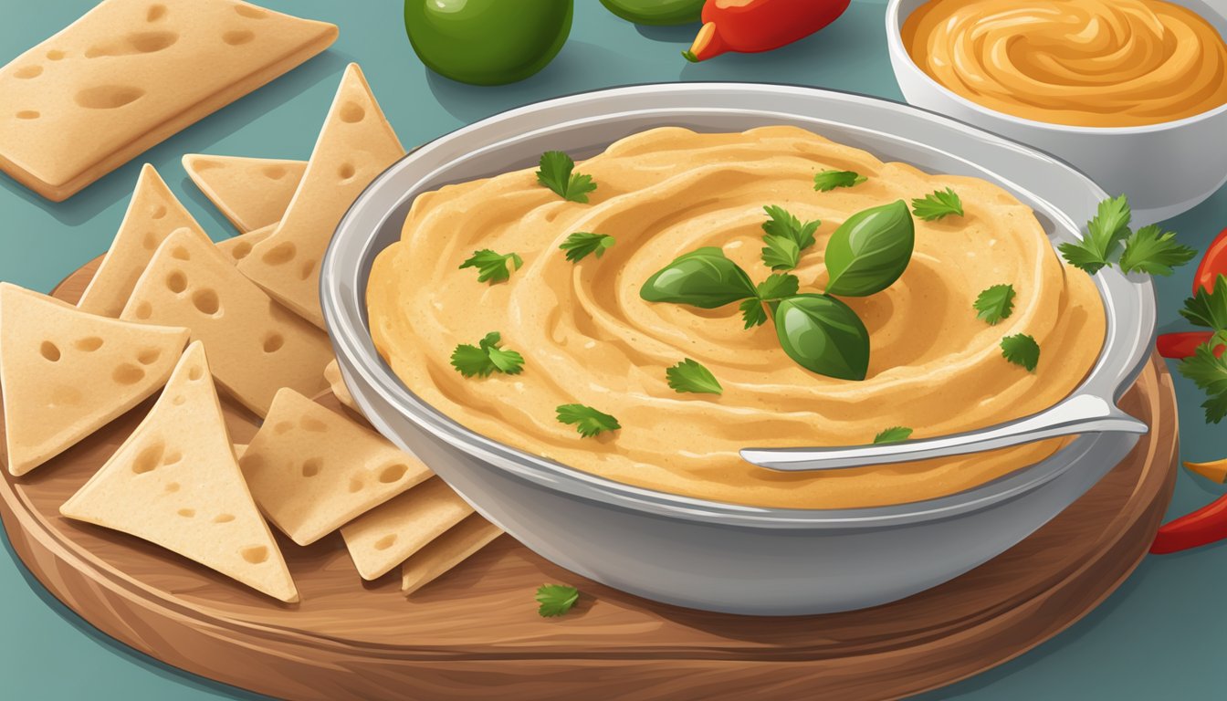 A bowl of spicy hummus dip surrounded by pita bread triangles on a wooden serving board